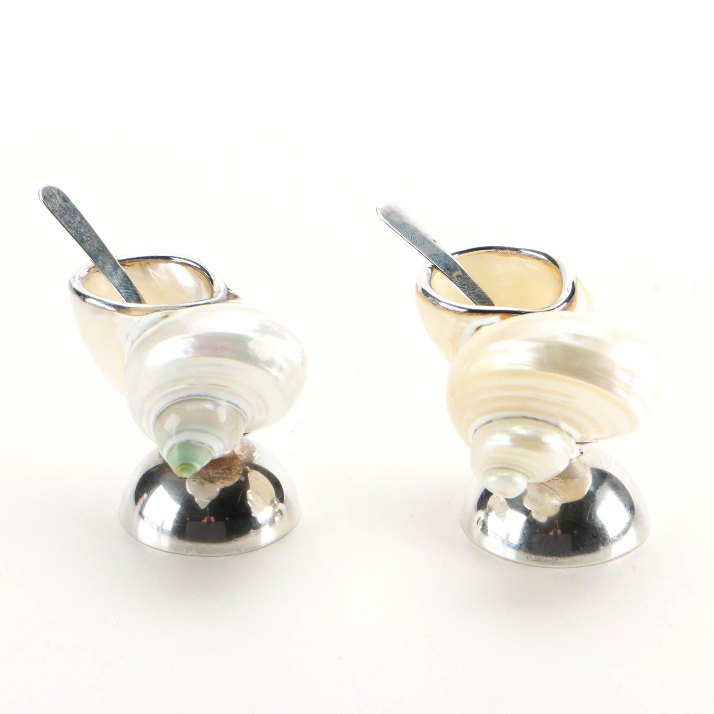 Weighted Sterling and Shell Salt Dishes With Salt Spoons