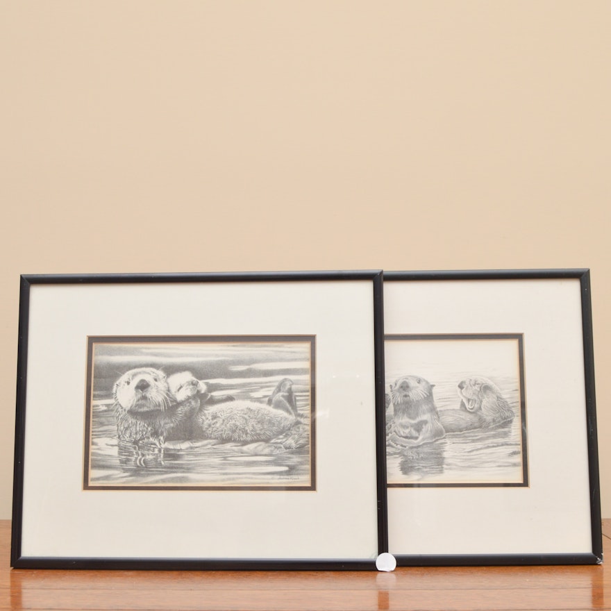 Andrew Kozak Framed Offset Lithographs of Otters
