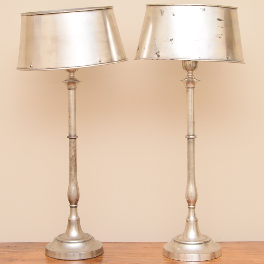 Silver Tone Lamps with Metal Shades