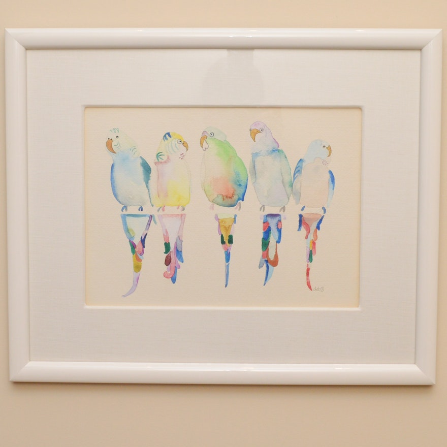 Original Framed and Signed Watercolor of Parrots