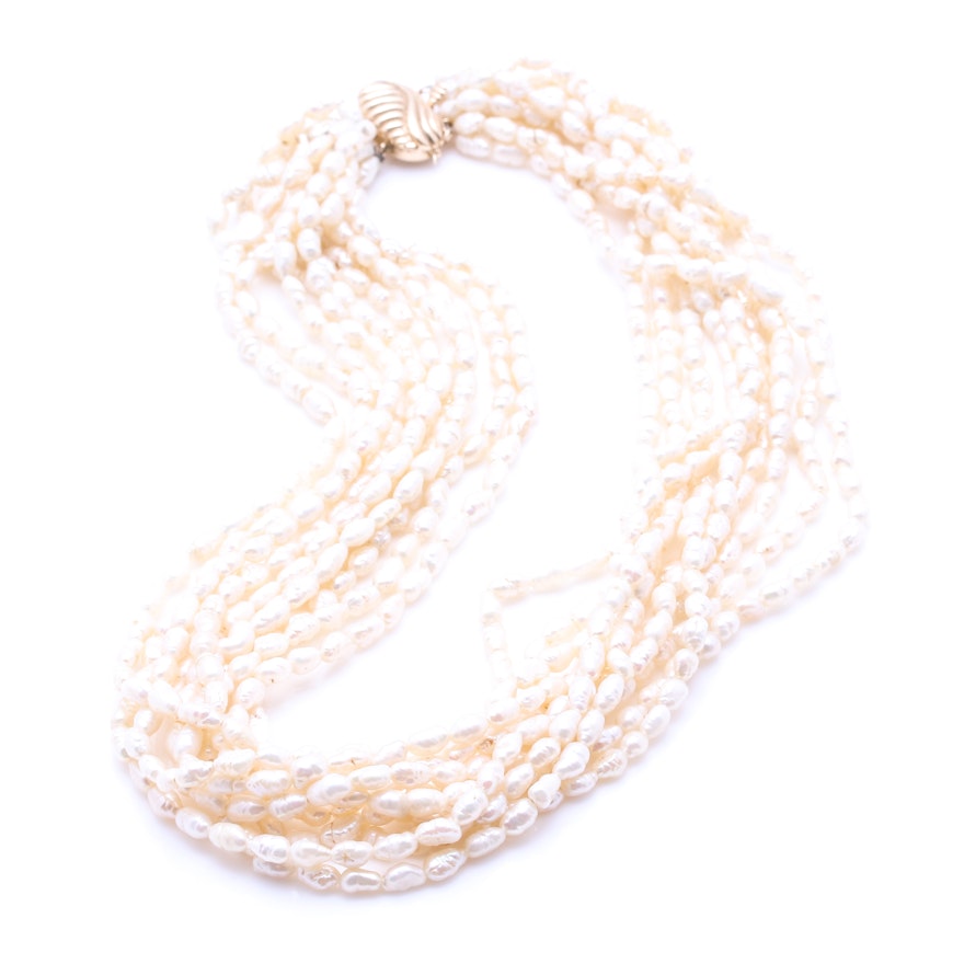 Multi Strand Cultured Pearl Necklace With 14K Yellow Gold Findings