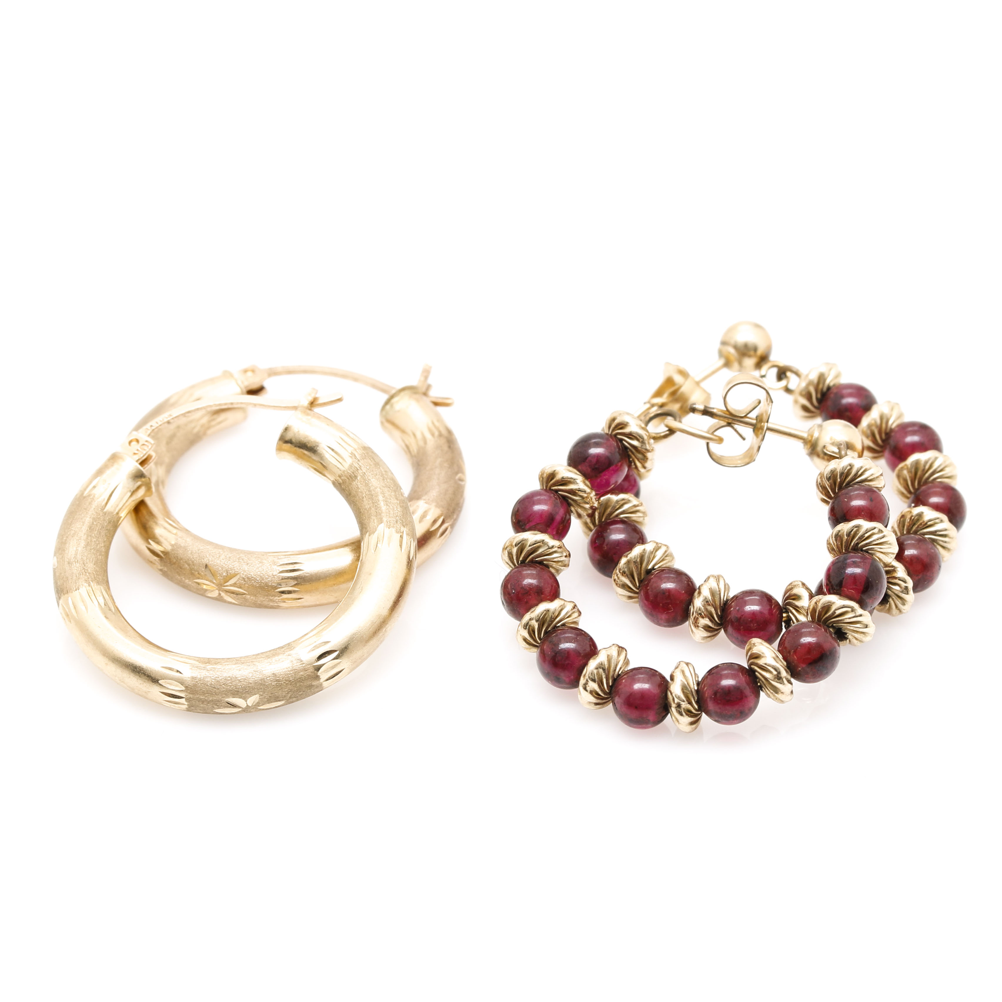 10K Yellow Gold Textured and Garnet Bead Hoop Earrings