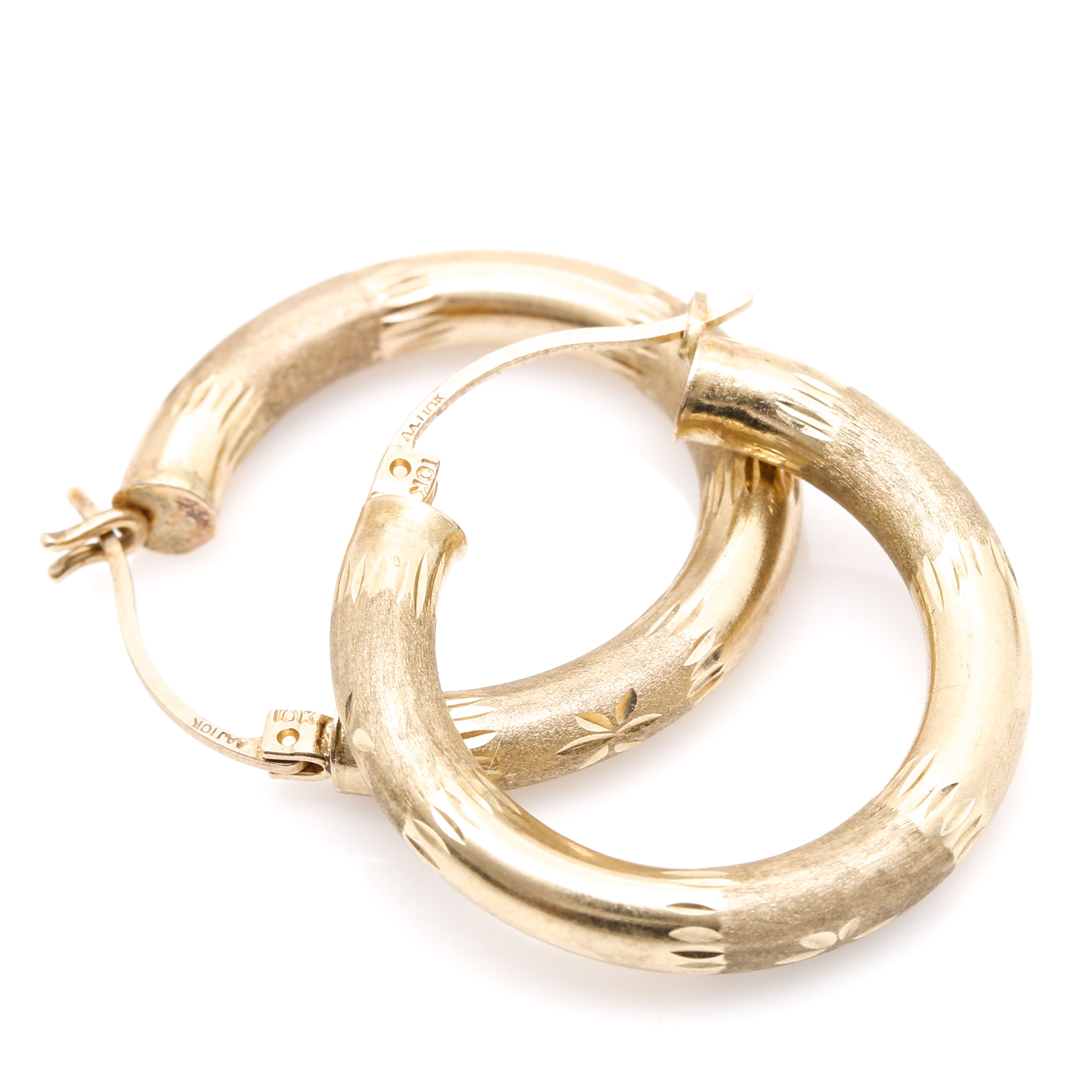 10K Yellow Gold Textured and Garnet Bead Hoop Earrings