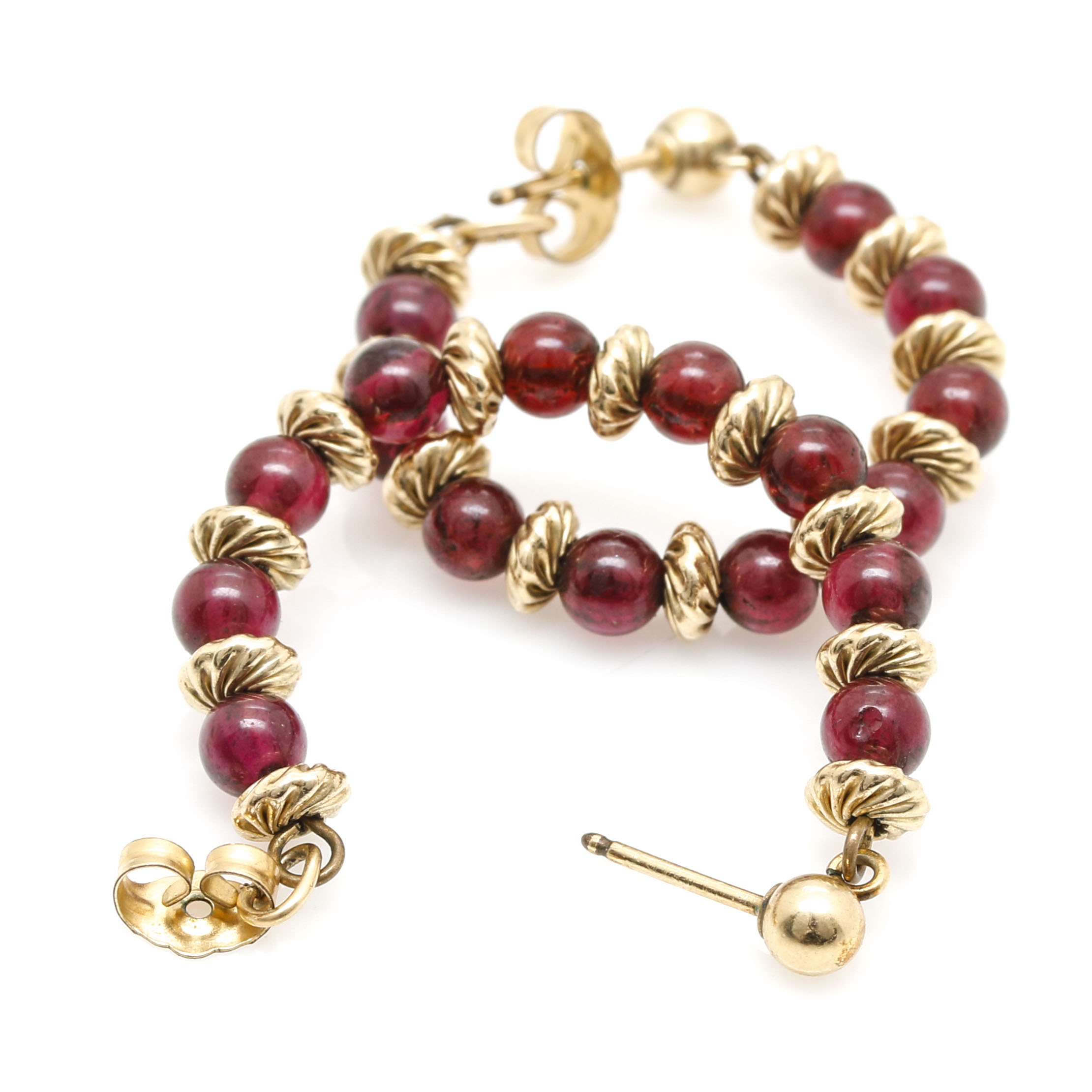 10K Yellow Gold Textured and Garnet Bead Hoop Earrings