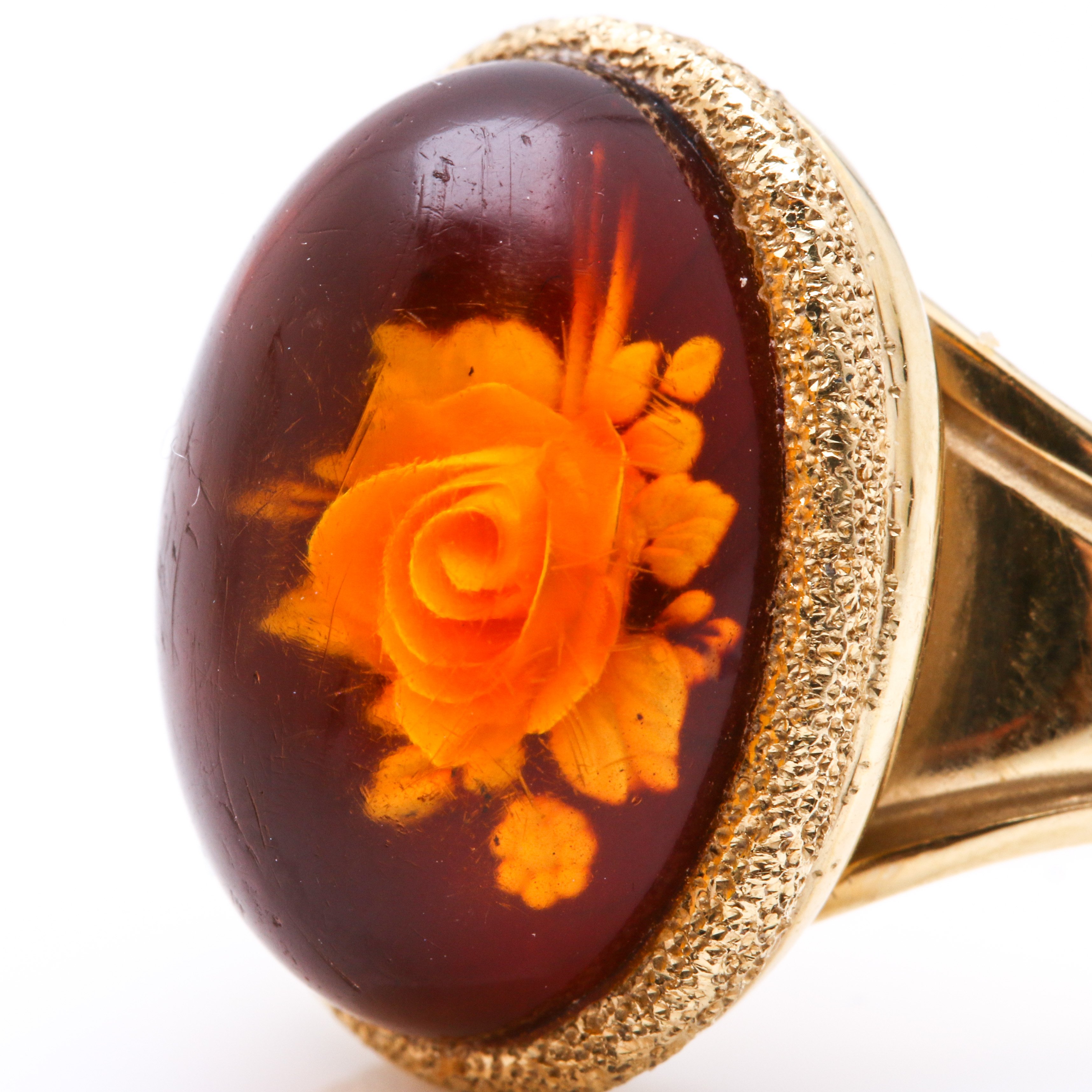 18K Yellow Gold Amber Ring With Intaglio Rose