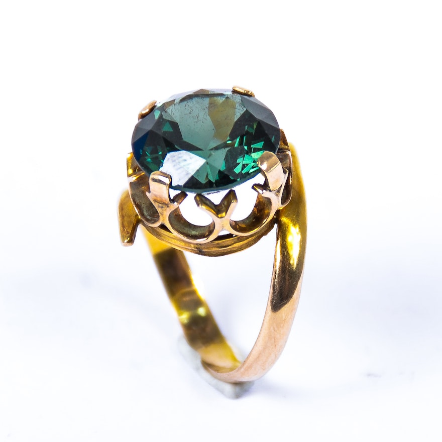 Vintage 14K Yellow Gold and Synthetic Green Spinel Cocktail Ring