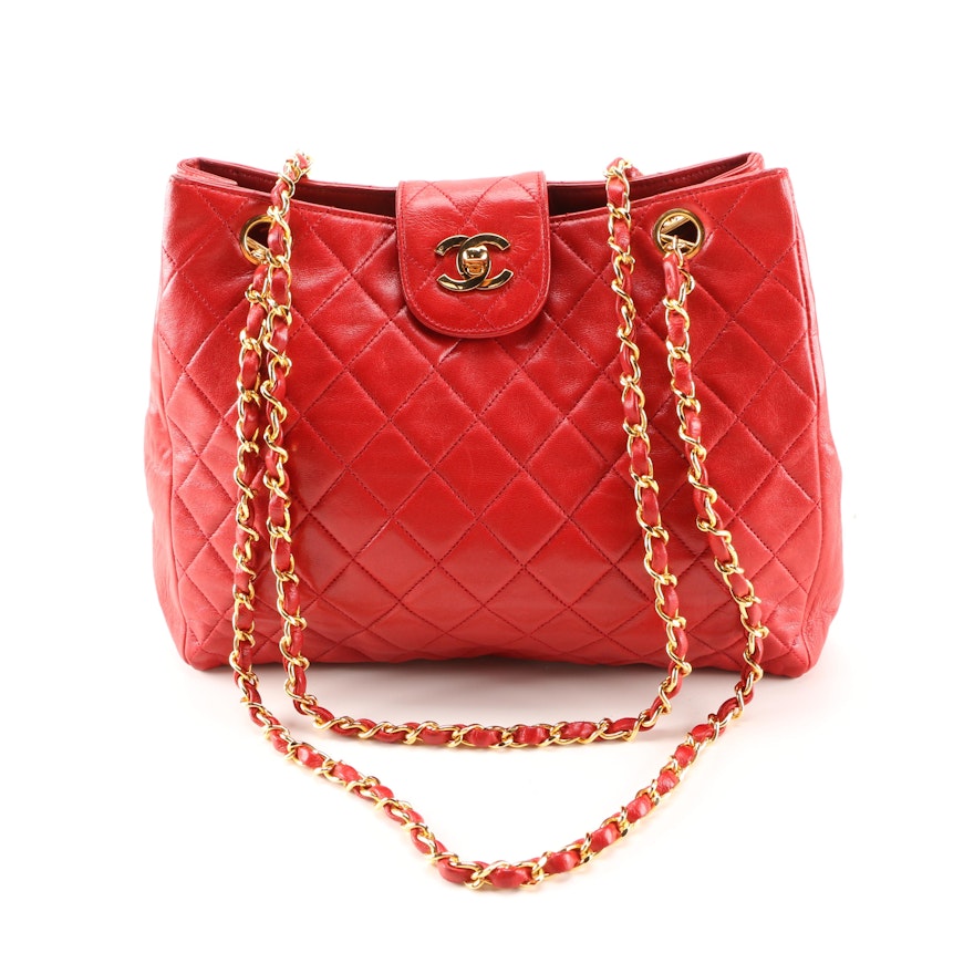 Chanel Red Quilted Leather Chain Handle Tote
