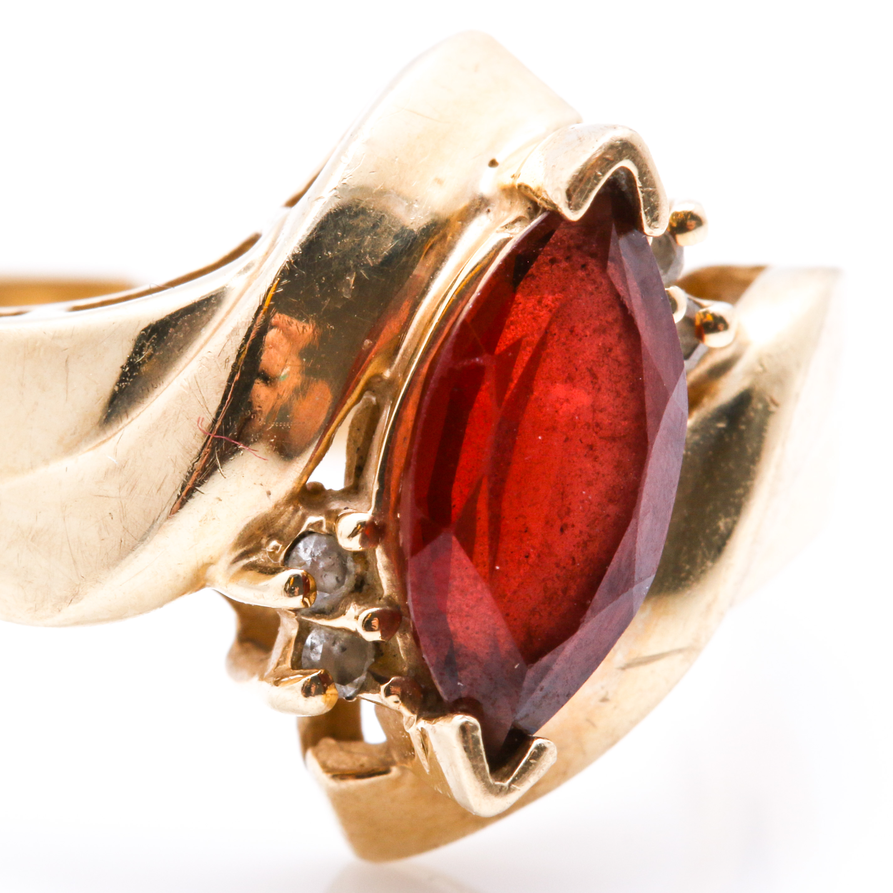 10K Yellow Gold Garnet Ring With Diamond Accents