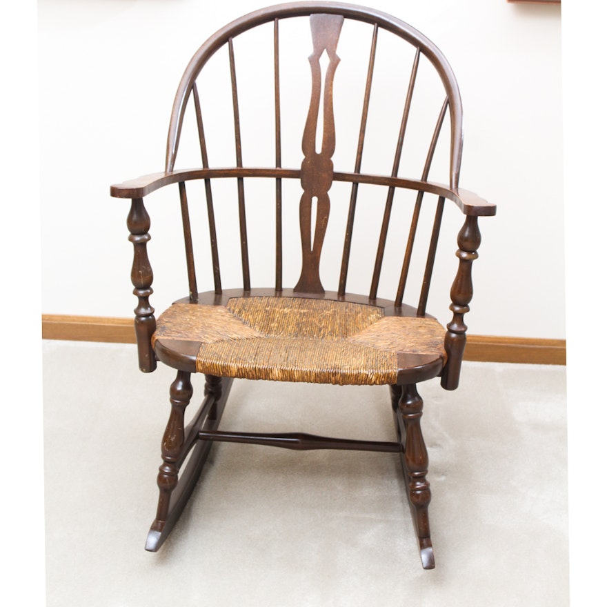 Vintage Walnut Rocking Chair with Rush Seat