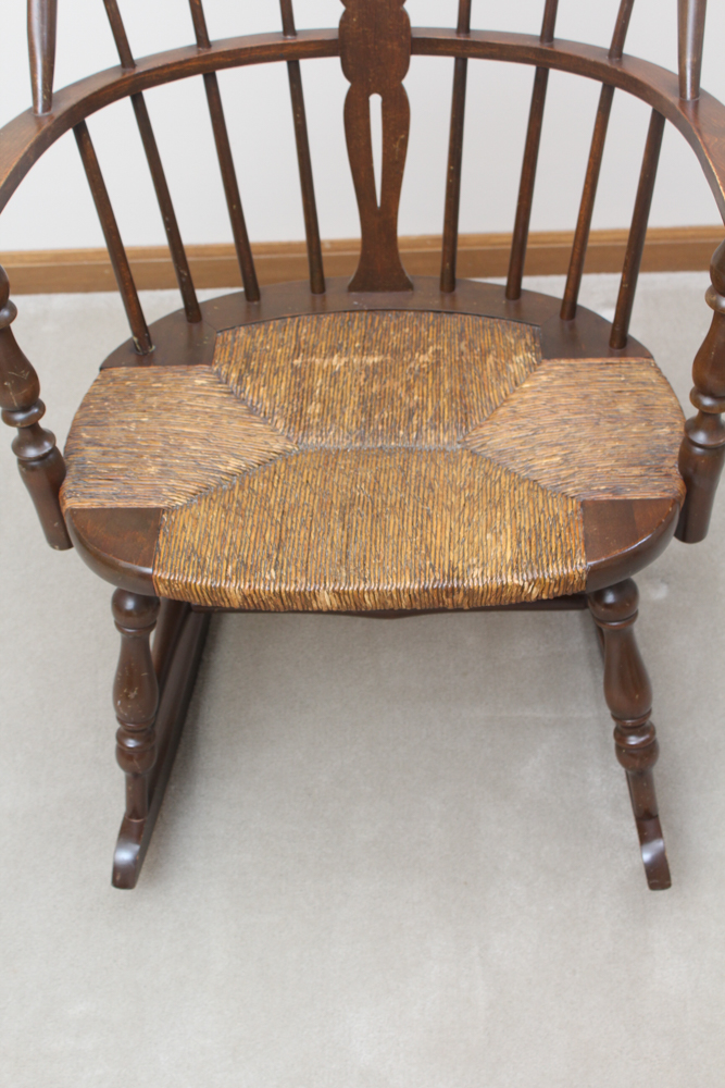 Vintage Walnut Rocking Chair with Rush Seat
