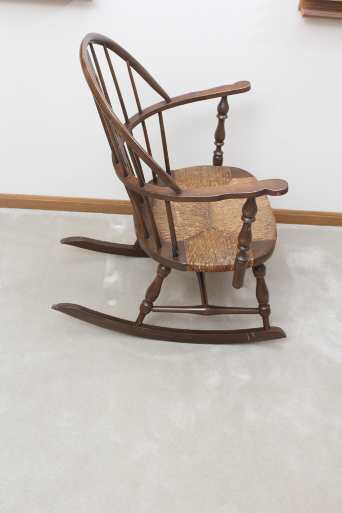 Vintage Walnut Rocking Chair with Rush Seat