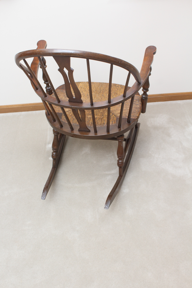 Vintage Walnut Rocking Chair with Rush Seat