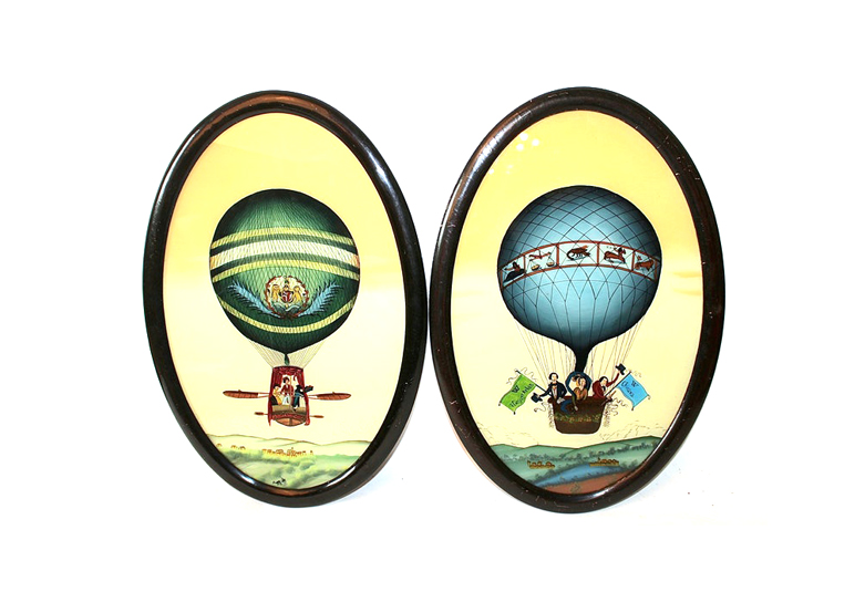 Pair of Antique Reverse Glass Hot Air Balloon Paintings