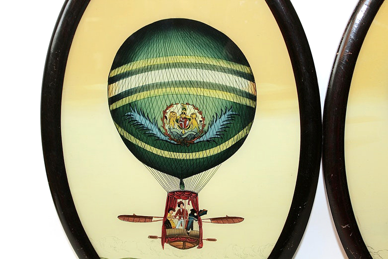 Pair of Antique Reverse Glass Hot Air Balloon Paintings