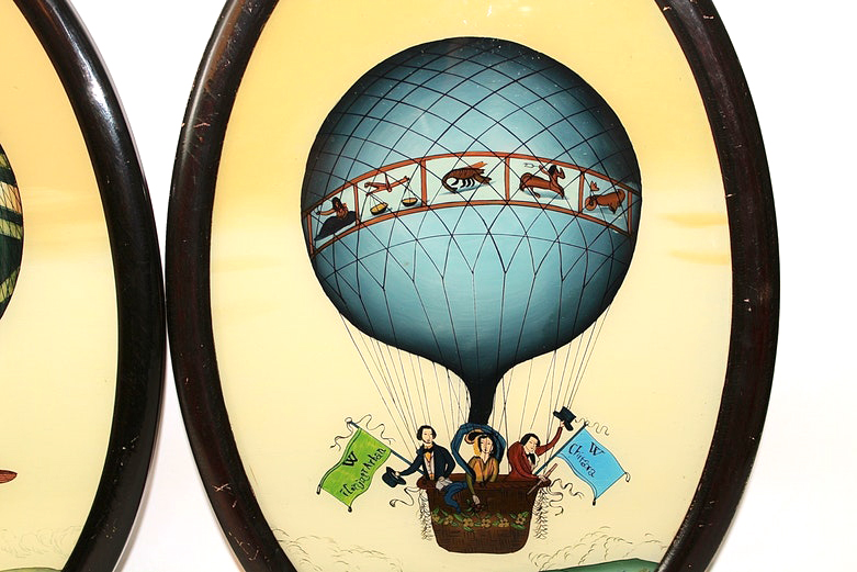 Pair of Antique Reverse Glass Hot Air Balloon Paintings