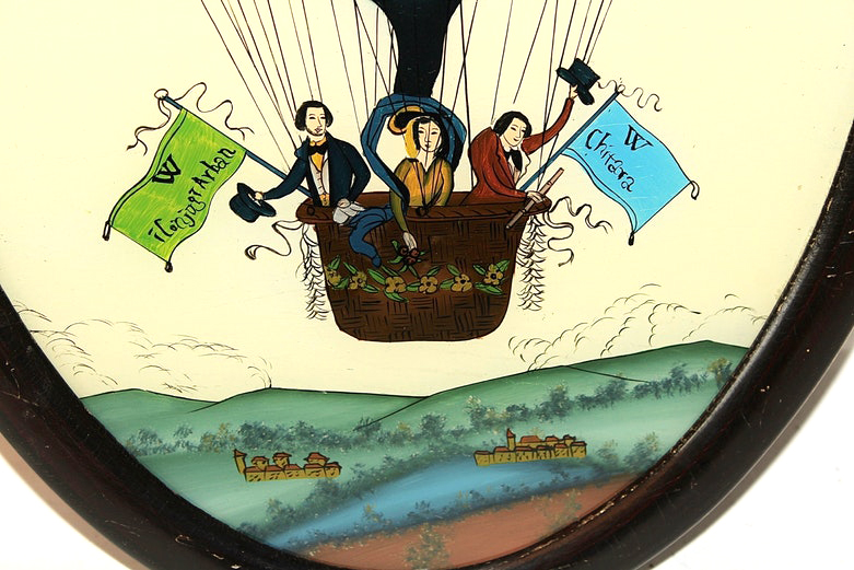 Pair of Antique Reverse Glass Hot Air Balloon Paintings