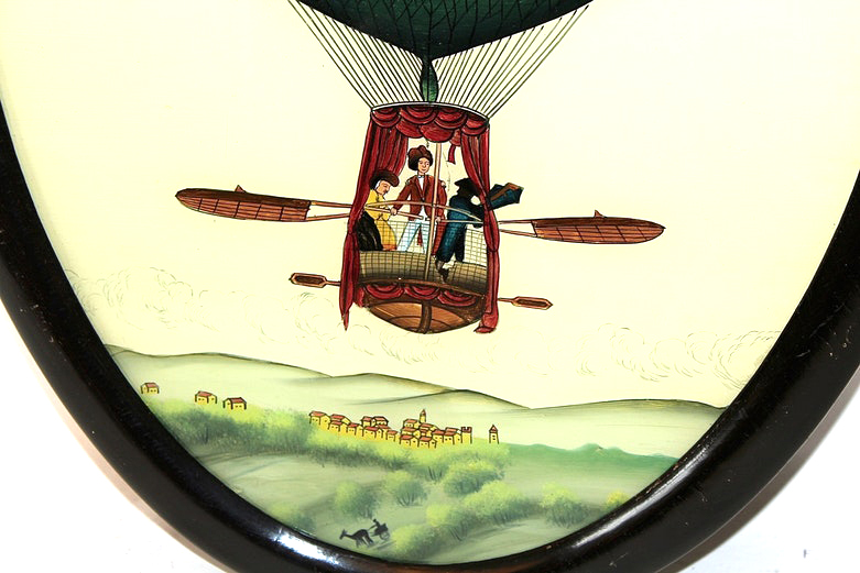 Pair of Antique Reverse Glass Hot Air Balloon Paintings