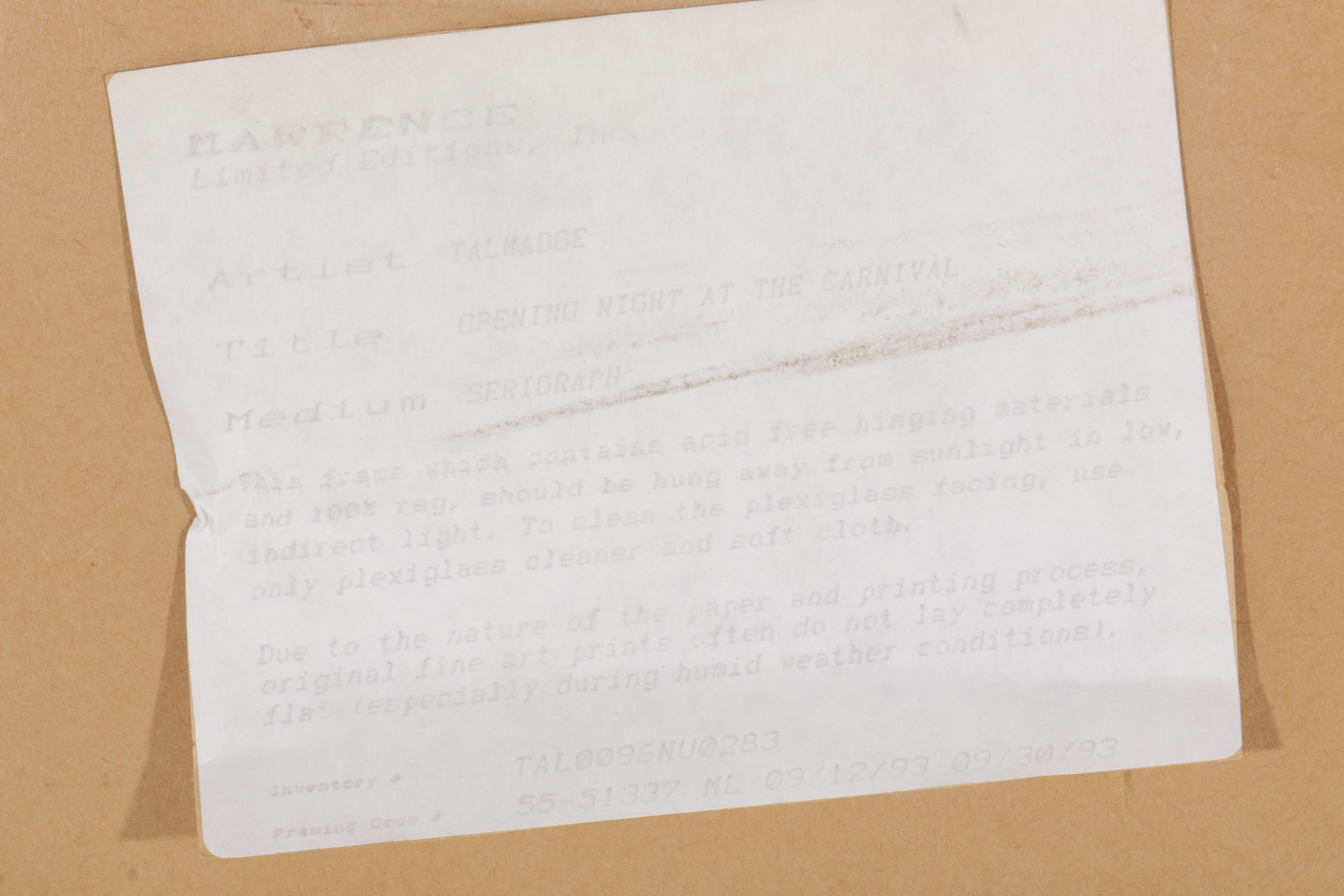 James Talmadge 1993 Limited Edition Serigraph "Opening Night at the Carnival"