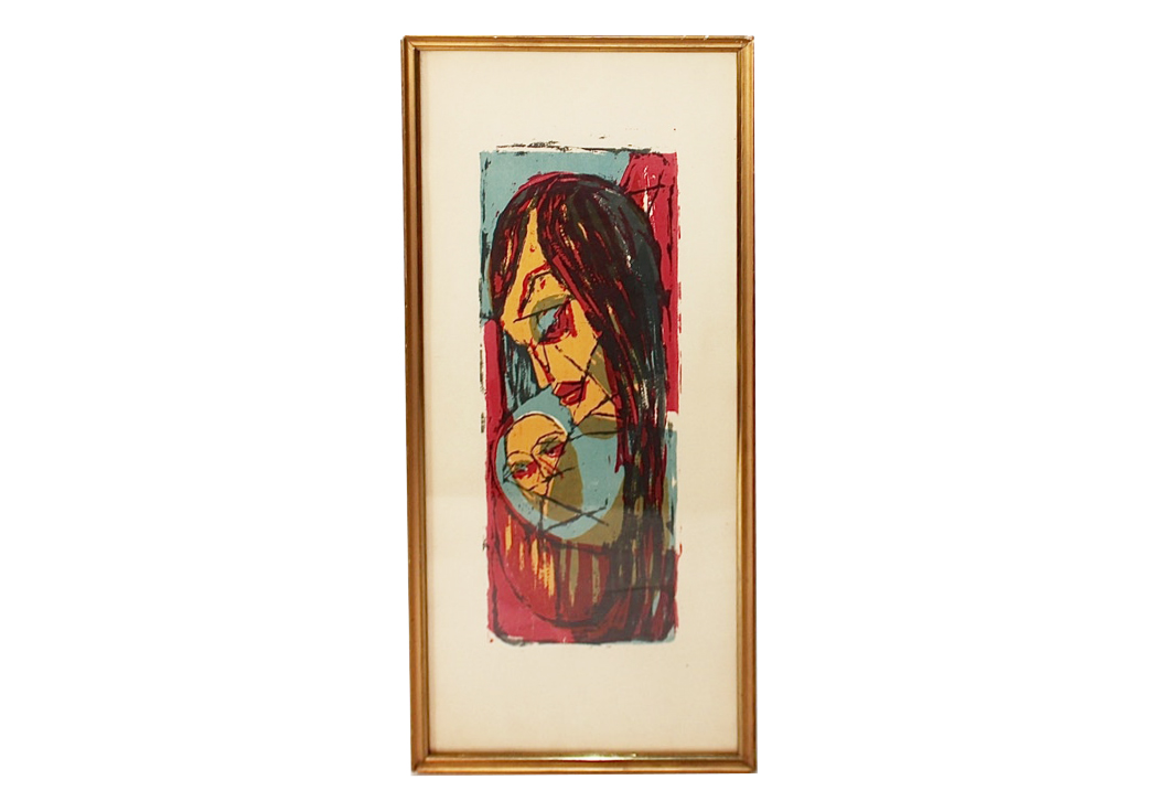 1970s Woodblock Lithograph of a Mother and Child