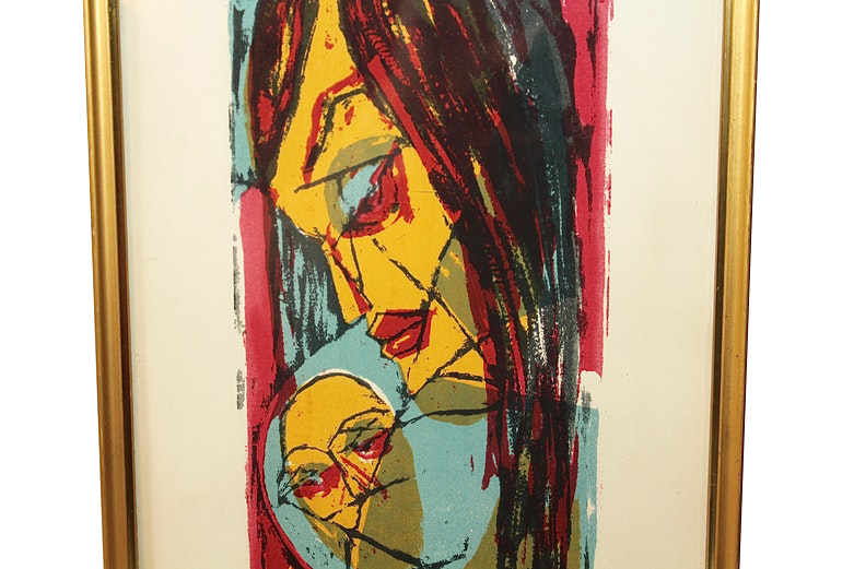 1970s Woodblock Lithograph of a Mother and Child
