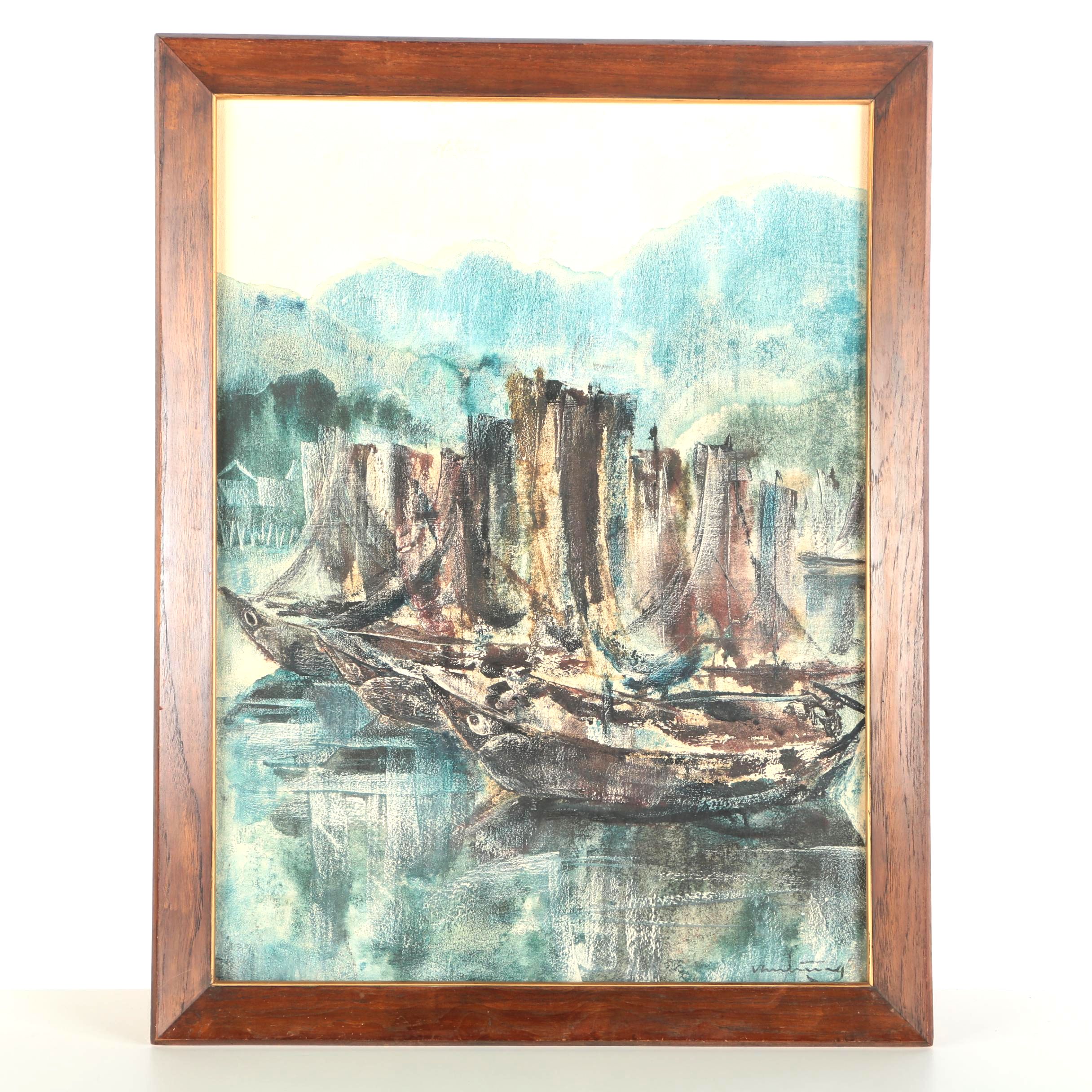 Oil Abstract Painting on Canvas of Boats