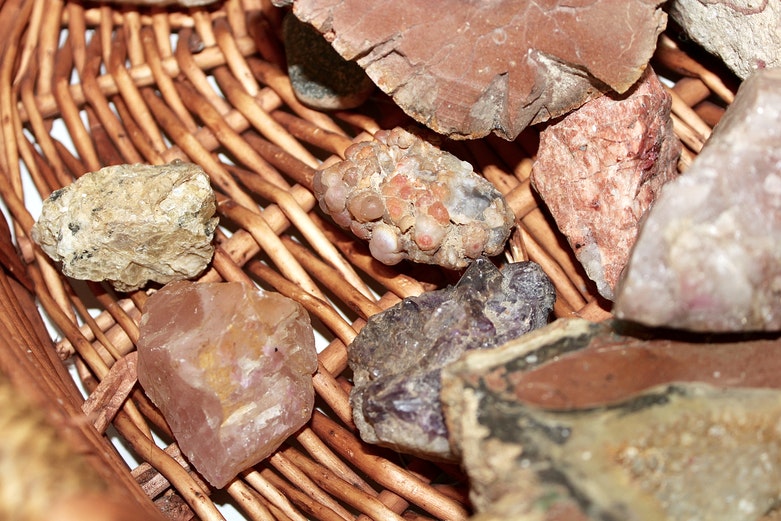 Geode Specimen Collection in a Rattan Basket