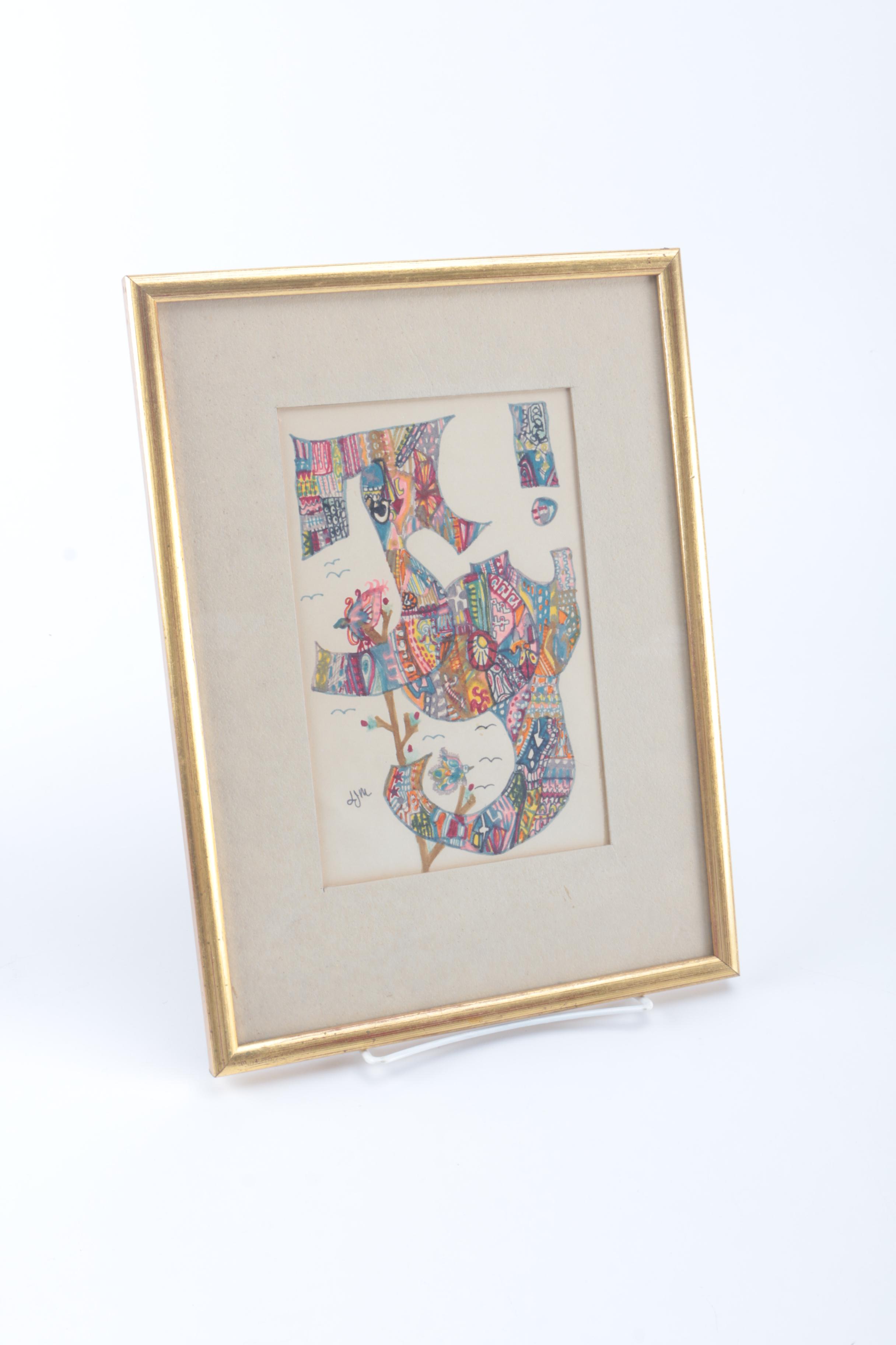 Leslie Miller Color Pen Drawings "Joy!" and "Love" and Embroidery