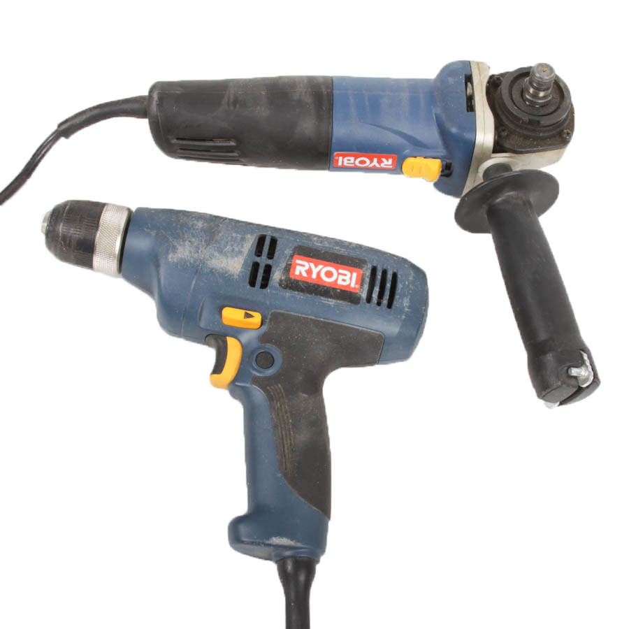 Ryobi Power Drill and Barrel Grip Angle Grinder