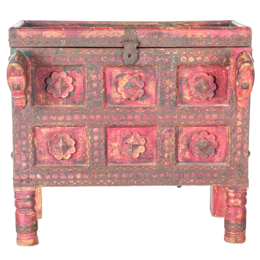 Vintage Pink and Yellow Wooden Chest With Horses