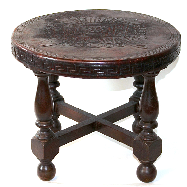 Hand Carved Mexican Stool with Tooled Leather Top