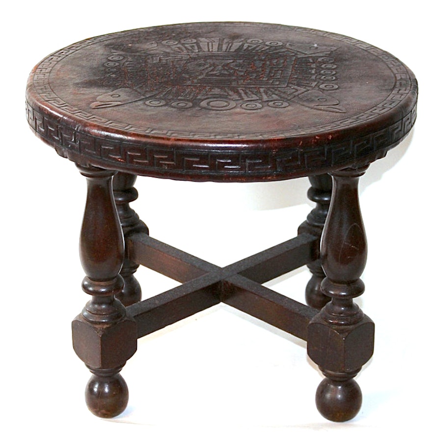 Hand Carved Mexican Stool with Tooled Leather Top