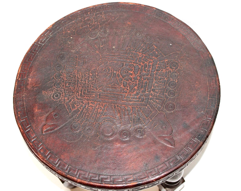 Hand Carved Mexican Stool with Tooled Leather Top