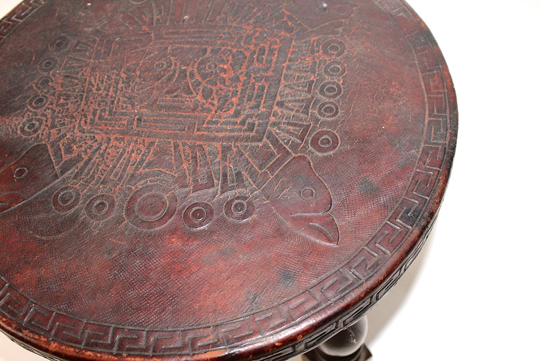 Hand Carved Mexican Stool with Tooled Leather Top