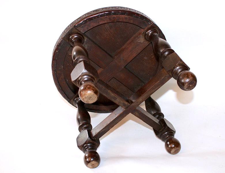 Hand Carved Mexican Stool with Tooled Leather Top