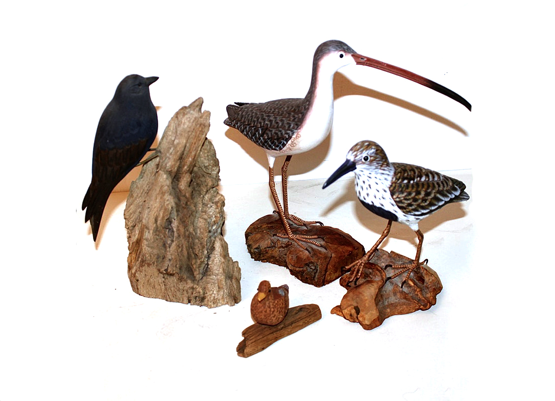 Four Artisan Hand Carved Wooden Birds