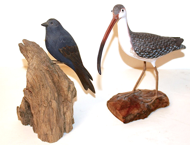 Four Artisan Hand Carved Wooden Birds