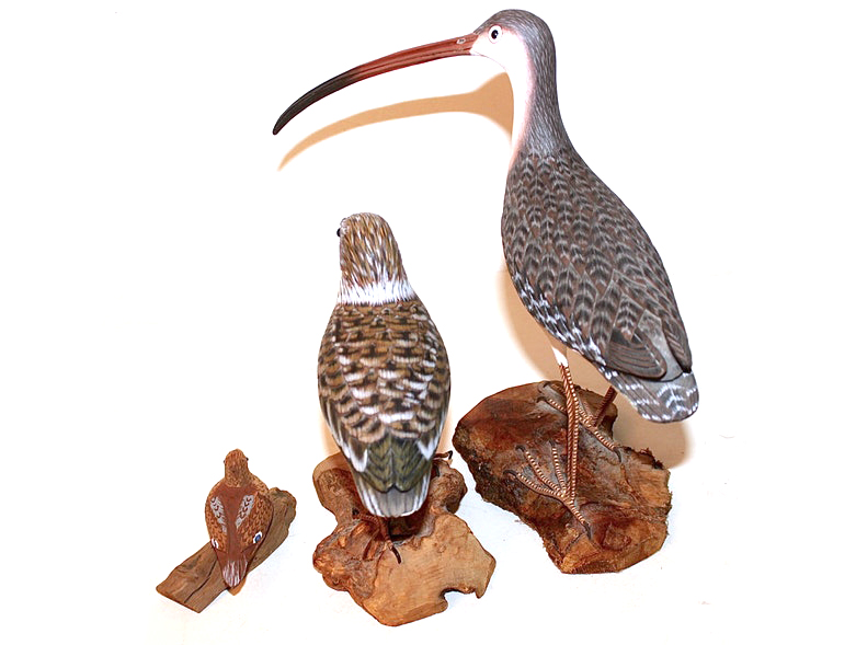 Four Artisan Hand Carved Wooden Birds