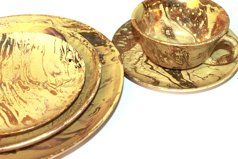Signed Sascha Brastoff "Surf Ballet" Yellow Gold Dinnerware