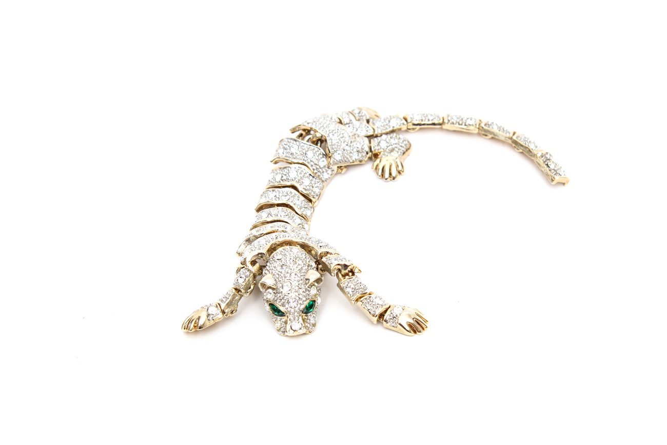 Large Articulated Crystal Leopard Brooch