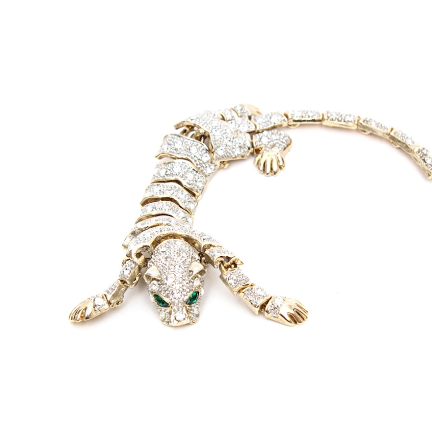 Large Articulated Crystal Leopard Brooch