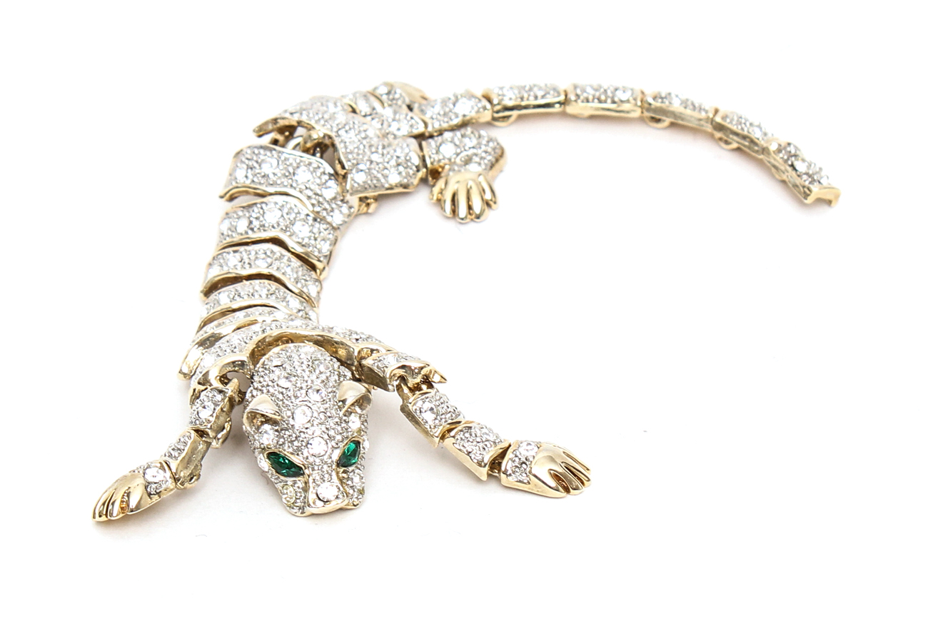 Large Articulated Crystal Leopard Brooch