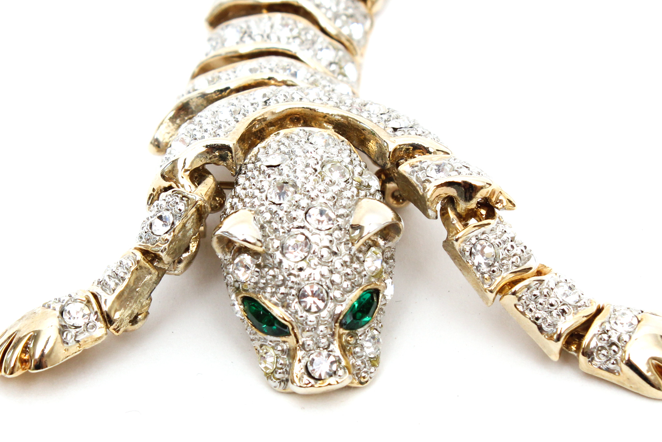 Large Articulated Crystal Leopard Brooch