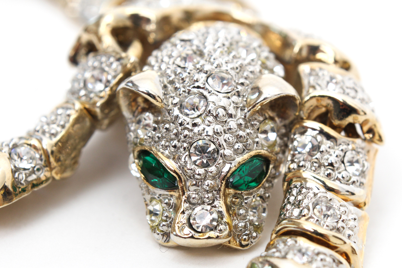 Large Articulated Crystal Leopard Brooch