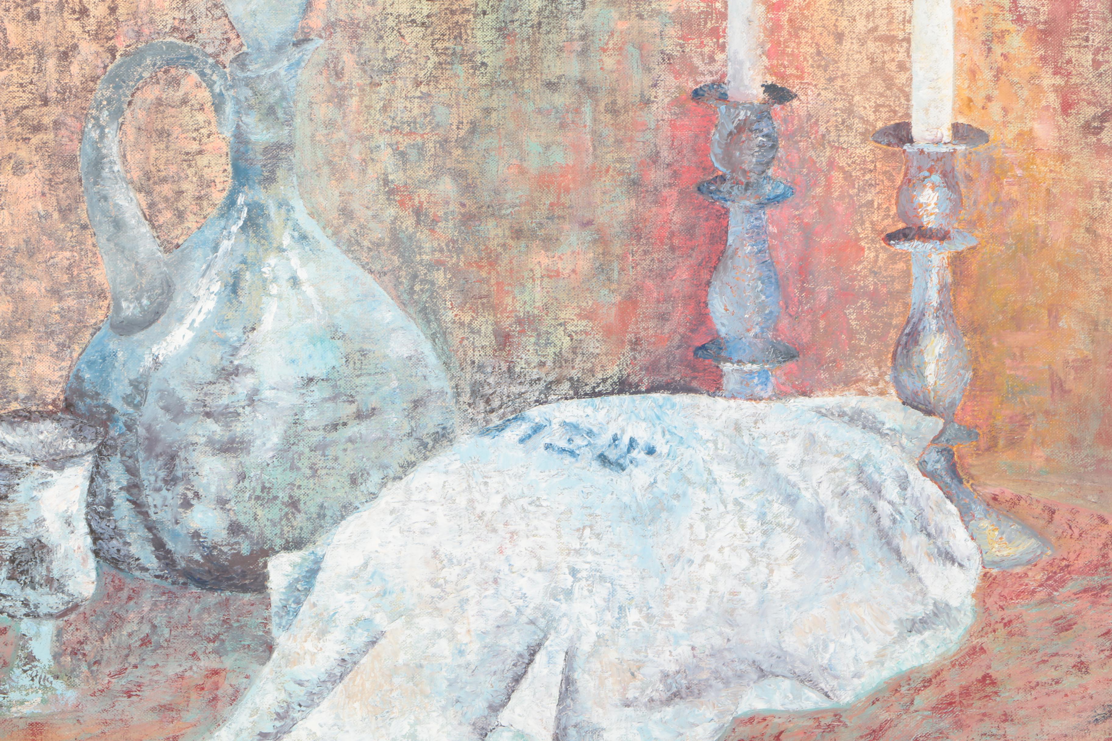 Anita Zeiden Oil Painting on Wood Panel of a Sabbath Table