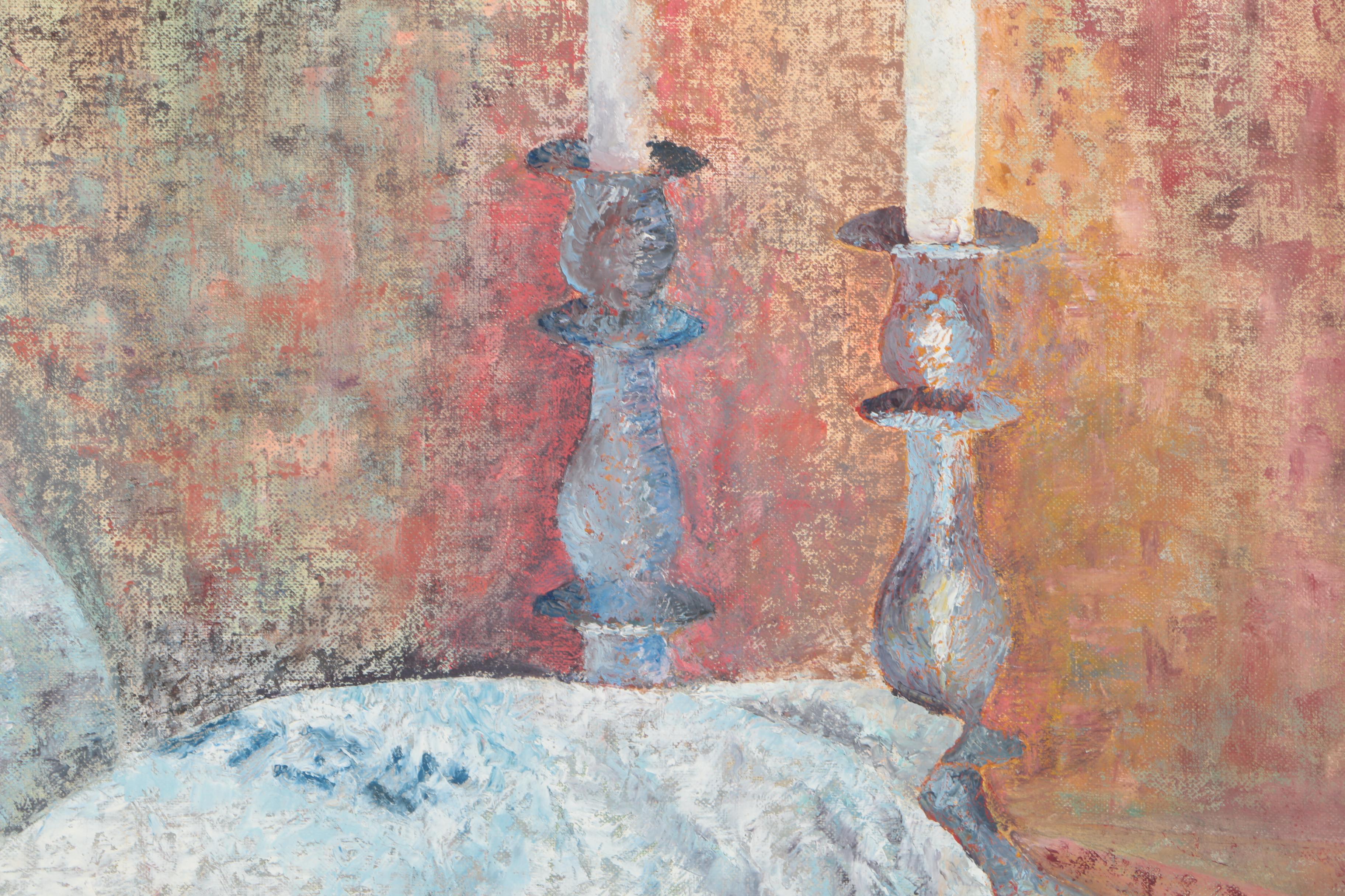 Anita Zeiden Oil Painting on Wood Panel of a Sabbath Table