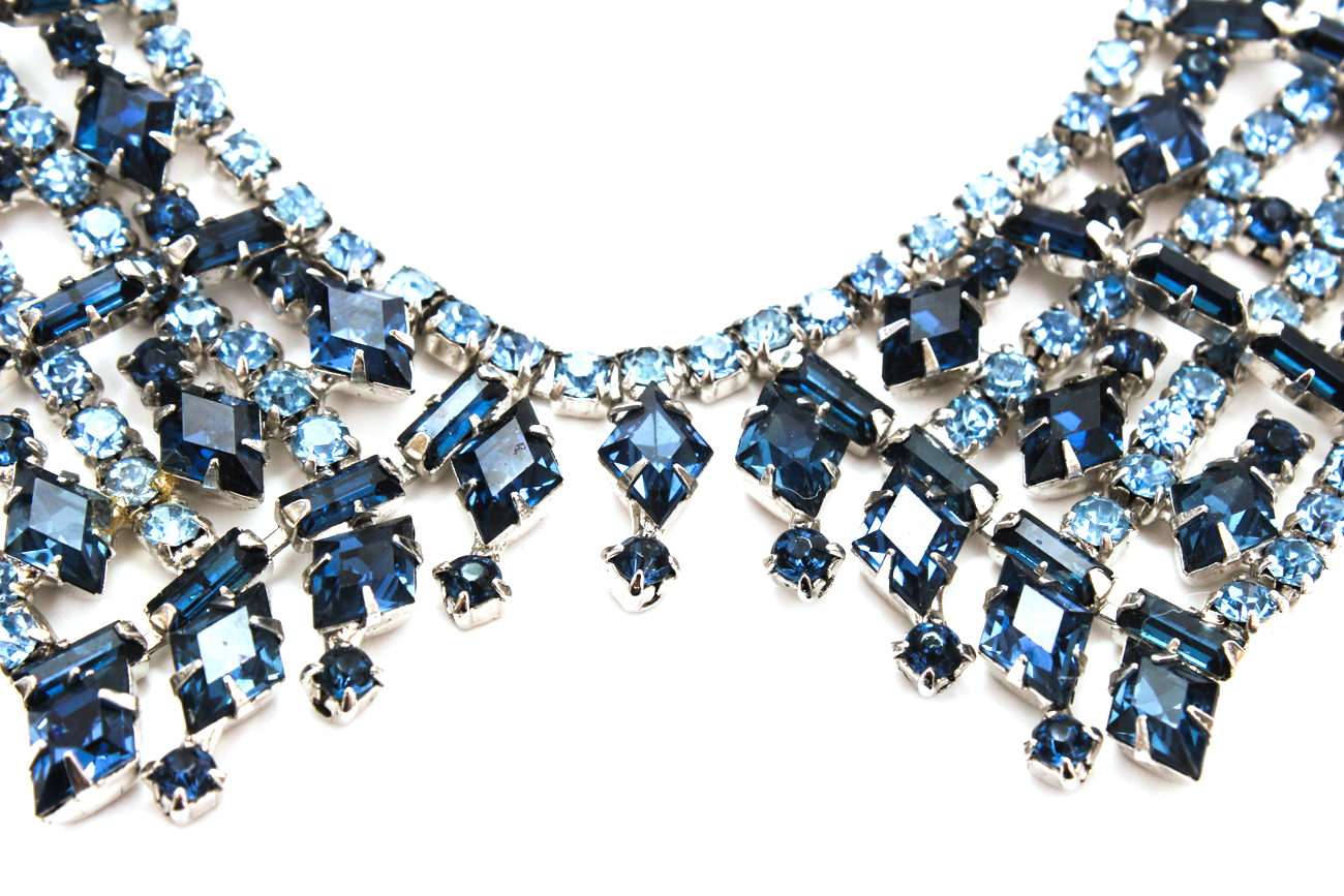 Art Deco Revival Blue Rhinestone Bib Necklace