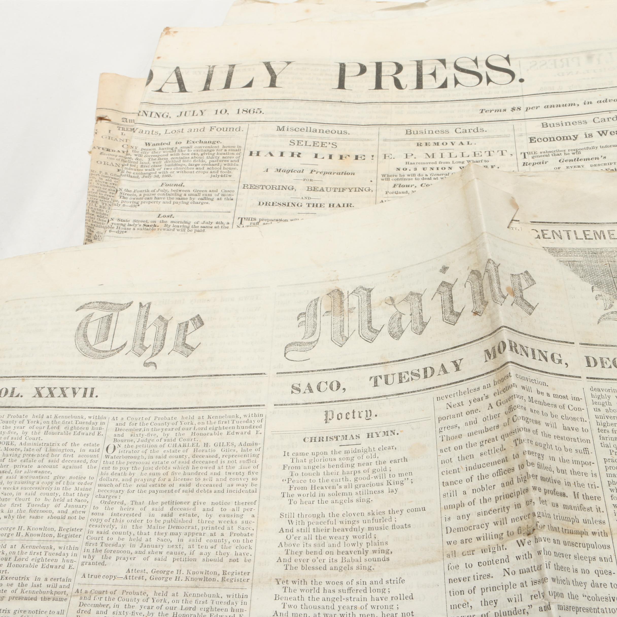 Assortment of American Civil War Era Newspapers from mid 1800s