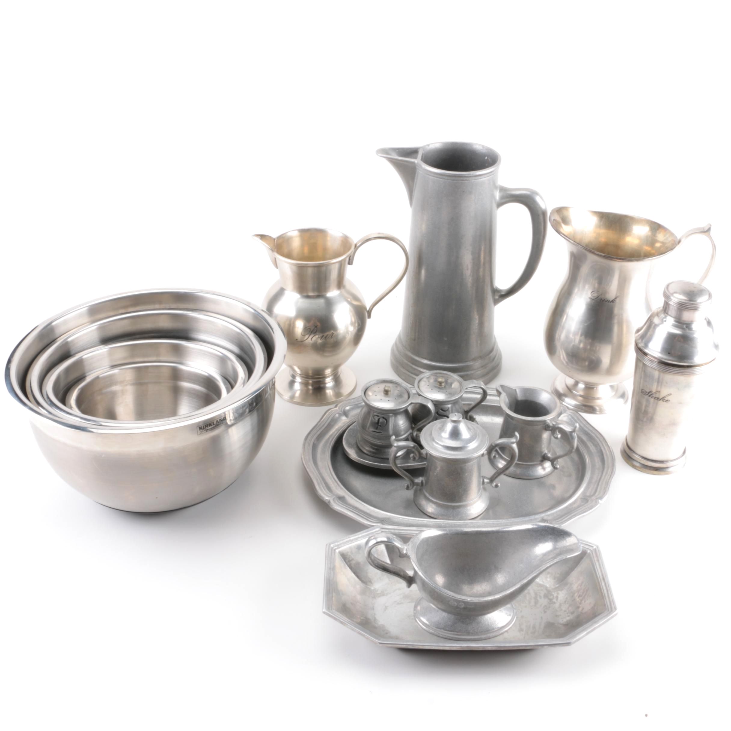 Pewter Tableware and Silver Plate Barware With Mixing Bowls