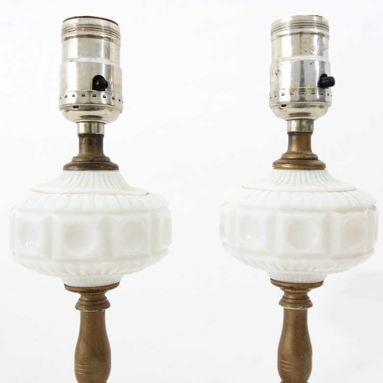 Pair of Vintage Turned Brass and Milk Glass Table Lamps