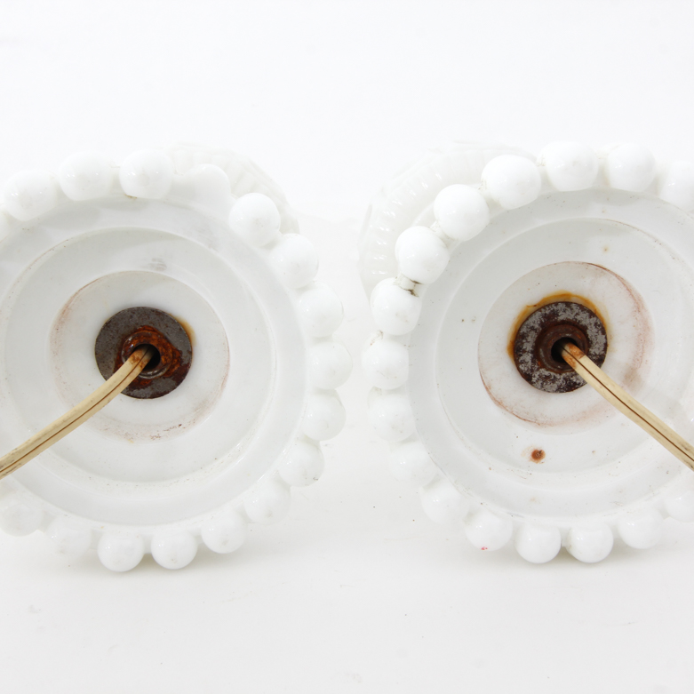 Pair of Vintage Turned Brass and Milk Glass Table Lamps